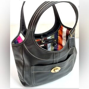 Coach Black Leather Shoulder Bag with Striped Interior and Matching Wallet